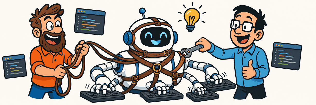 Architects fit an oversized brown leather horse harness onto a smiling white-and-blue robot. The multi-armed robot continues typing on three keyboards as code windows float around it, with a glowing lightbulb overhead.