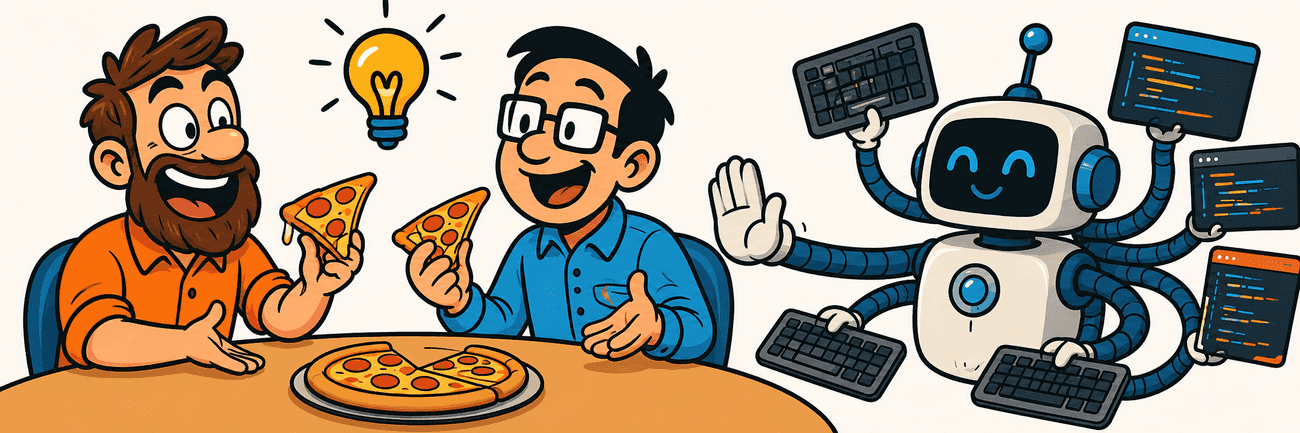 Architects eating pizza and robot that don't eat pizza while juggling several keyboards and code editors.